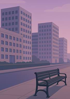 Cityscape with Bench at Dusk