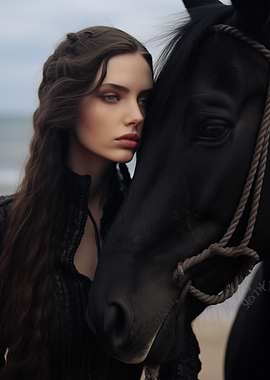 Woman and Black Horse by the Sea