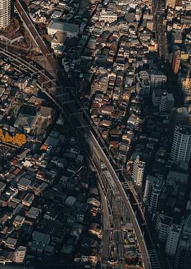 Aerial View of Tokyo with Train Tracks