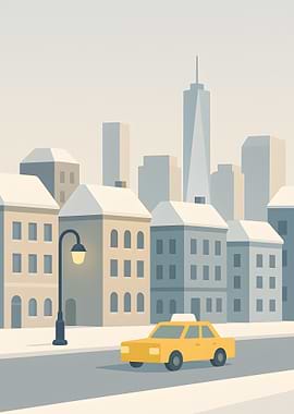 Winter Cityscape with Yellow Taxi