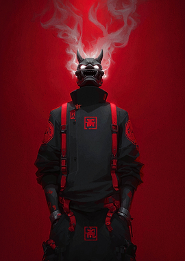 Cyberpunk Oni Mask Figure in Red