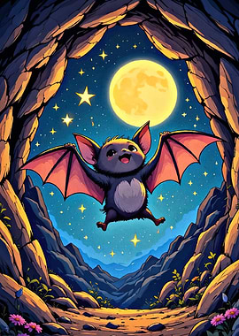 Cute Bat Flying Moon