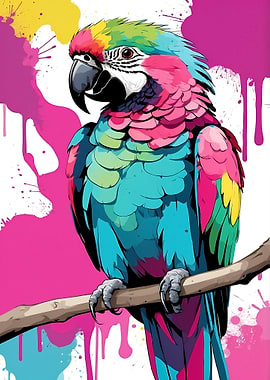 Colorful Parrot on Branch with Paint Splatters