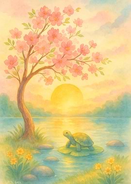 Watercolor Turtle Under Cherry Blossom Tree