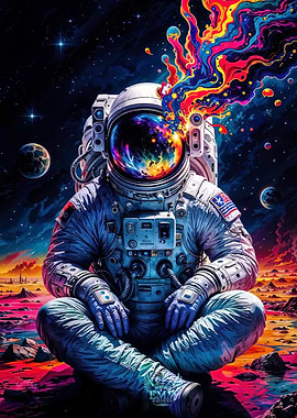 Astronaut in Lotus Position with Colorful Explosion