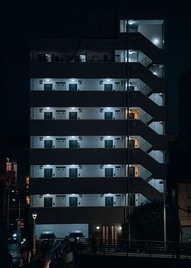 Japanese Apartment Building at Night