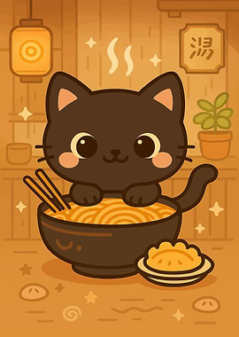 Cute Cat with Ramen and Dumplings