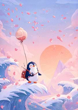 Penguin with Balloon on Snowy Waves
