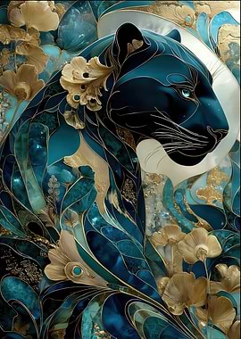Elegant Teal and Gold Panther Art