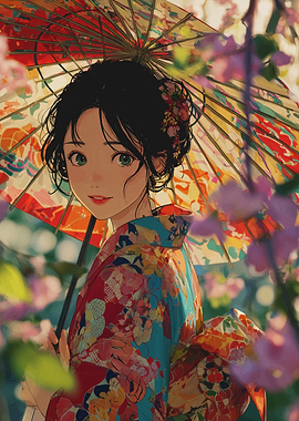 Anime Girl with Kimono and Parasol