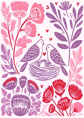 Birds in Nest Floral Illustration