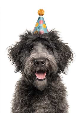 Happy Bouvier des Flandres Dog with Party Hat