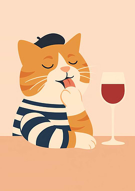 Cartoon Cat with Wine and Beret