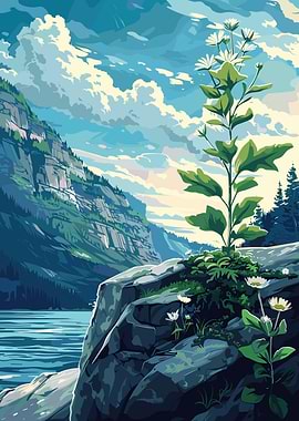 Mountain Lake with Wildflowers Illustration