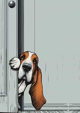 Basset Hound Peeking Through Door
