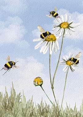 Bees and Daisies Watercolor Painting