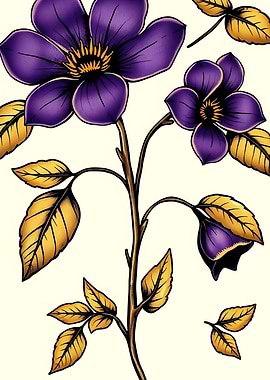 Purple Flowers with Golden Leaves Illustration