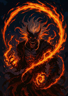 Fiery Demon with Horns and Flames