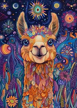 Psychedelic Llama in Blooming Meadow – Sunrise Fantasy Wall Art