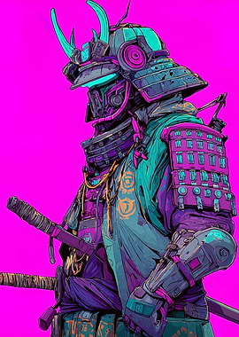 Cyberpunk Samurai Warrior with Neon Armor