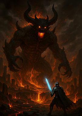Knight vs. Demon in Fiery Landscape