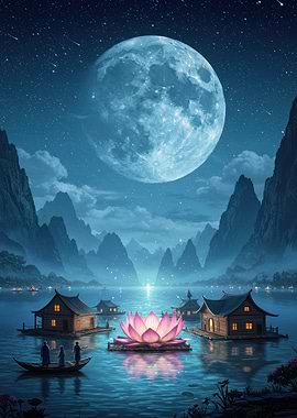 Moonlit Lotus Lake Serenity