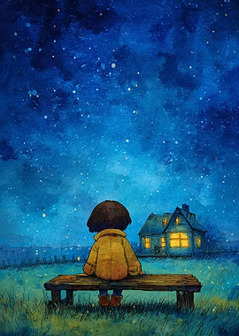 Girl on Bench Under Starry Sky