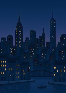 Night Cityscape with River and Boat