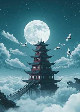Pagoda under the Moon with Cranes
