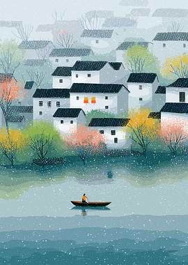 Winter Village Boat Ride Illustration