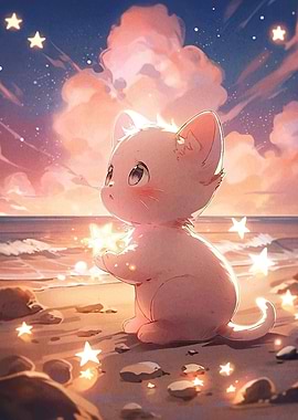 Cute Cat Stars Beach
