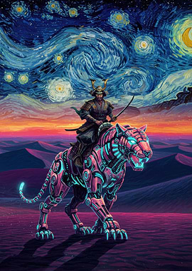 Samurai on Cybernetic Tiger, Starry Night