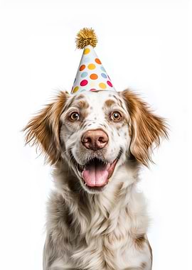 Happy English Setter Dog with Birthday Hat