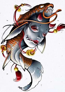 Koi Fish Mask Tattoo Style