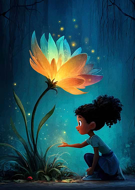 Girl with Glowing Flower in Forest