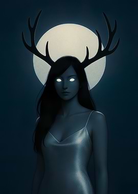 Mystic Woman with Antlers and Moon