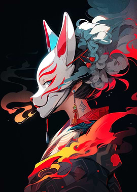 Fox Mask Anime Girl Digital Art