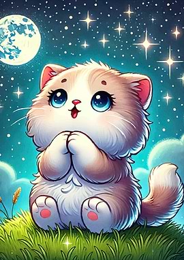 Cute Kitten Gazing Moon