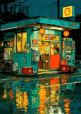 Rainy Night Gas Station