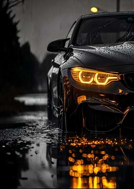 Black Car in Rain with Lights On