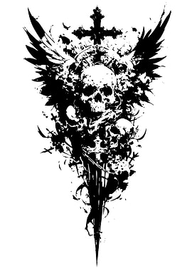 Skull, Sword, and Wings Black Illustration