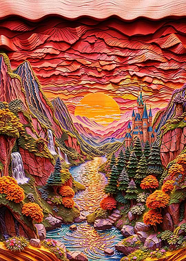 Dreamscape Castle Valley at Sunset - Fantasy Paper Cut Style