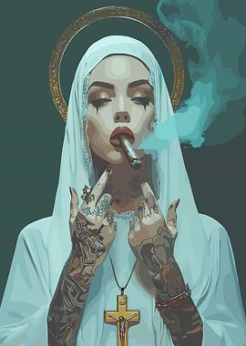 Tattooed woman smoking with halo