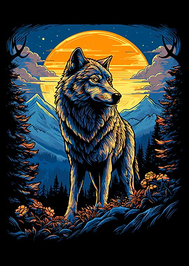 Wolf in Mountain Landscape Illustration