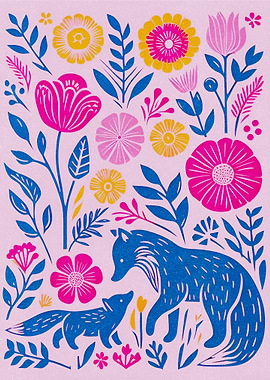 Foxes and Flowers Illustration