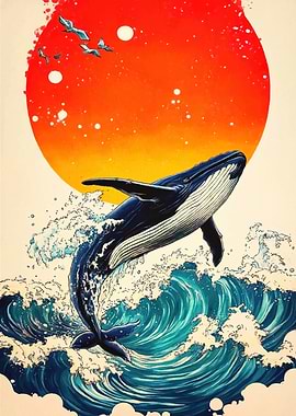 Whale ocean waves sunset