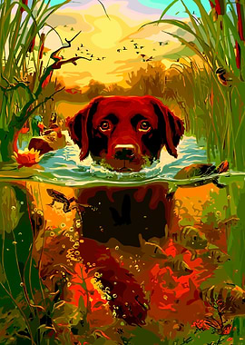 Dog Swimming in Pond Painting