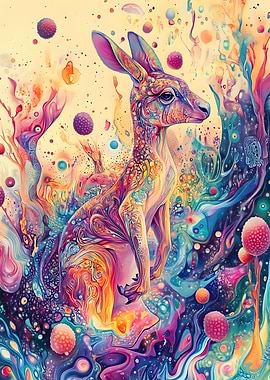 Psychedelic Kangaroo with Bubbles – Dripping Color Fantasy Art