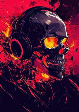 Skull with Headphones - Fiery Abstract