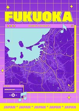 Fukuoka Map Art with Retro Aesthetic